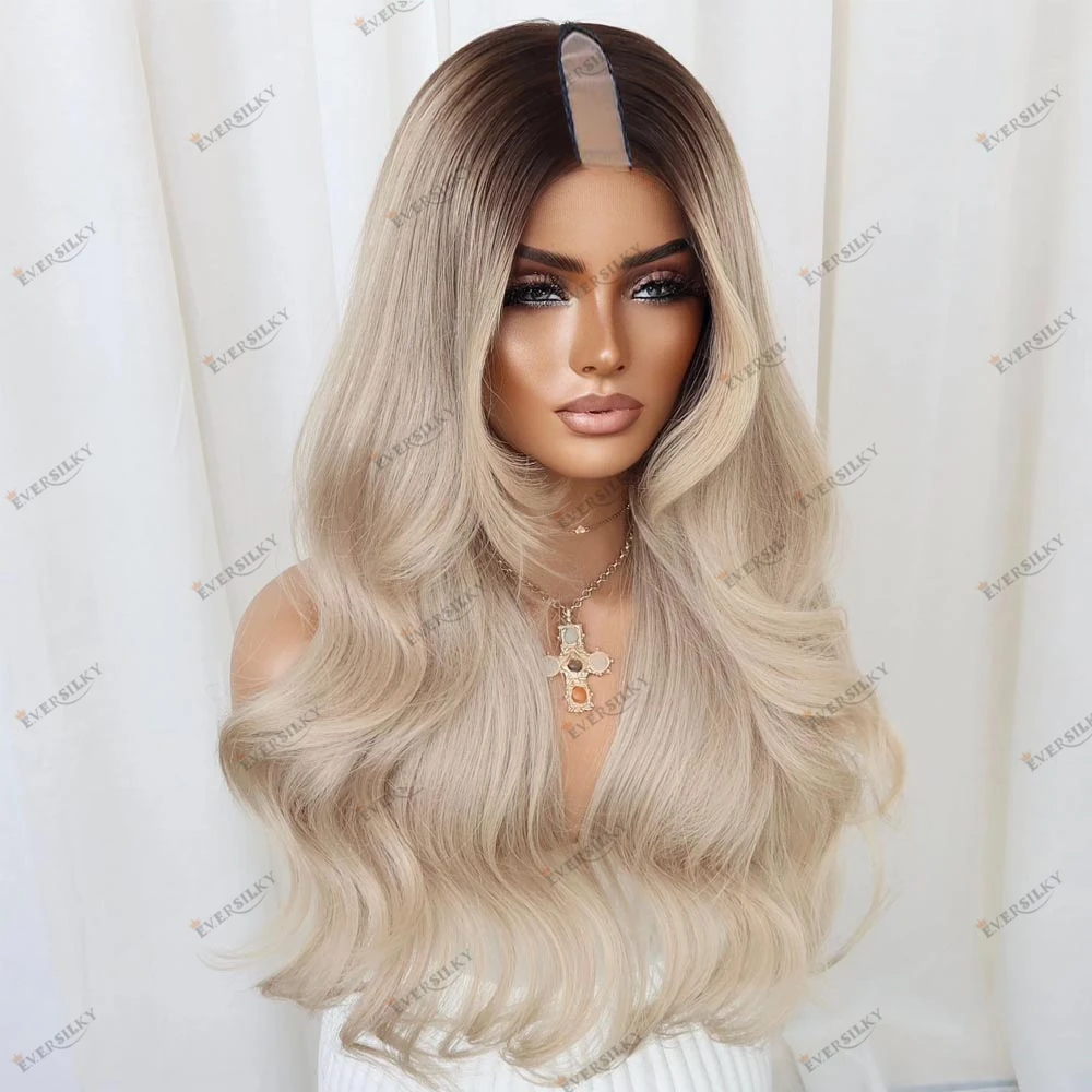 

Суперволнистые длинные парики из натуральных волос с темными корнями и омбре-блондом, 1x4, с центральным открытым U-образным вырезом, без клея, недорогие, машинного производства, V-образные парики