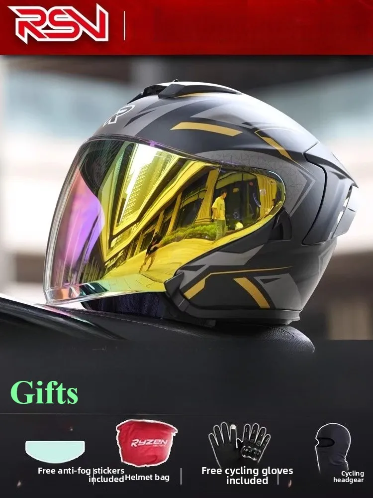 RSV Motorcycle Helmet Double Lens Three-quarter Helmet Autumn Warm Men Women Locomotive Pedal Half Helmet