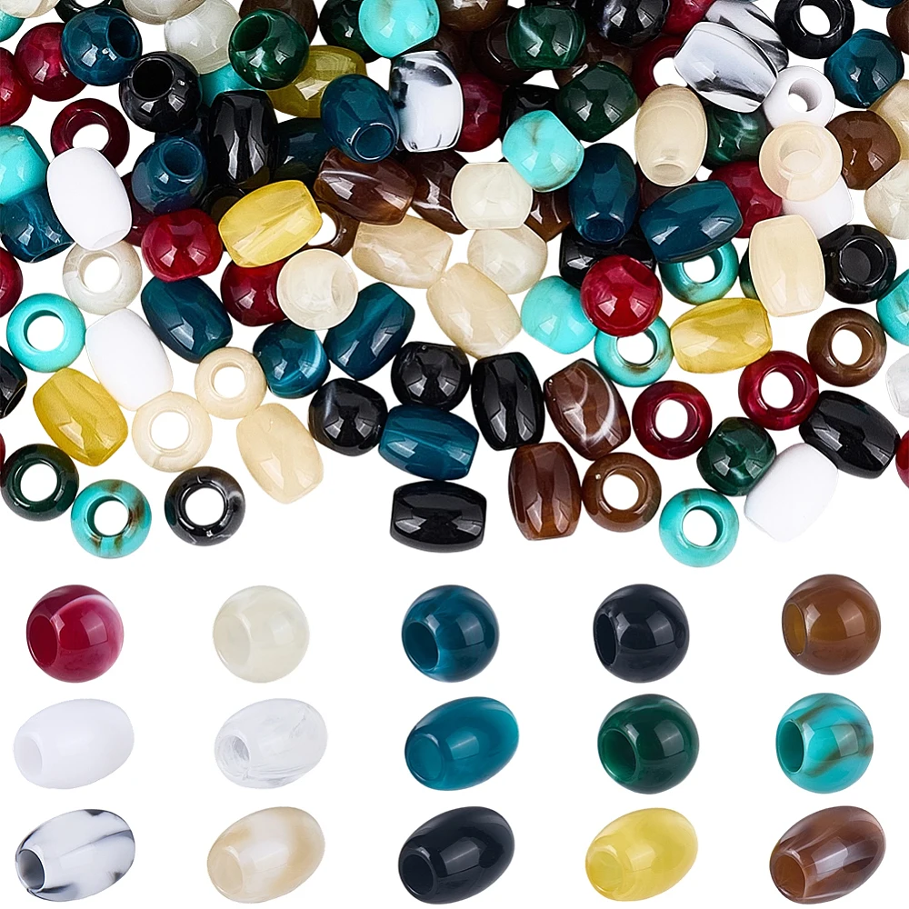 220Pcs Acrylic Barrel Beads Macrame Craft Beads African Hair Braiding Styling Oval Round Large Hole Pony Loose Spacers