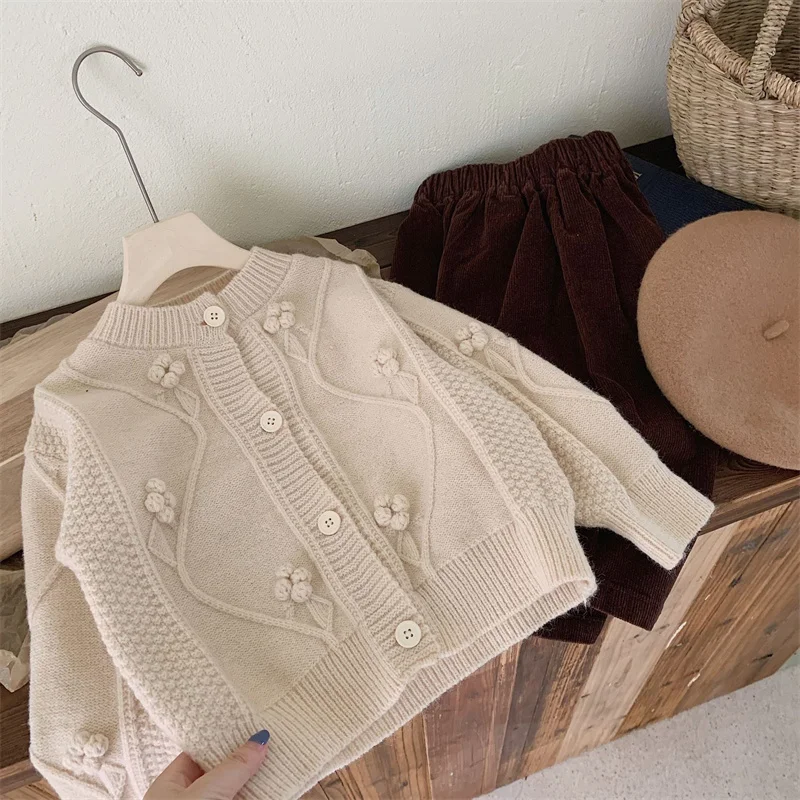 

Girls Sweater Wool Coat Kids Tops Knitting 2023 Beige Thicken Warm Winter Autumn Plus Size Cottons Cardigan Children's Clothing