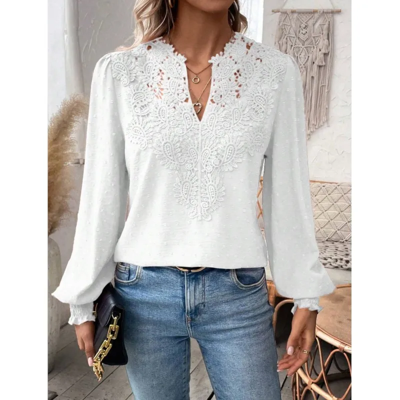 Camisa elegante con decoración de encaje calado para mujer, jersey con cuello de pico profundo, blusa femenina de Color sólido, Tops de manga larga con farol de Jacquard