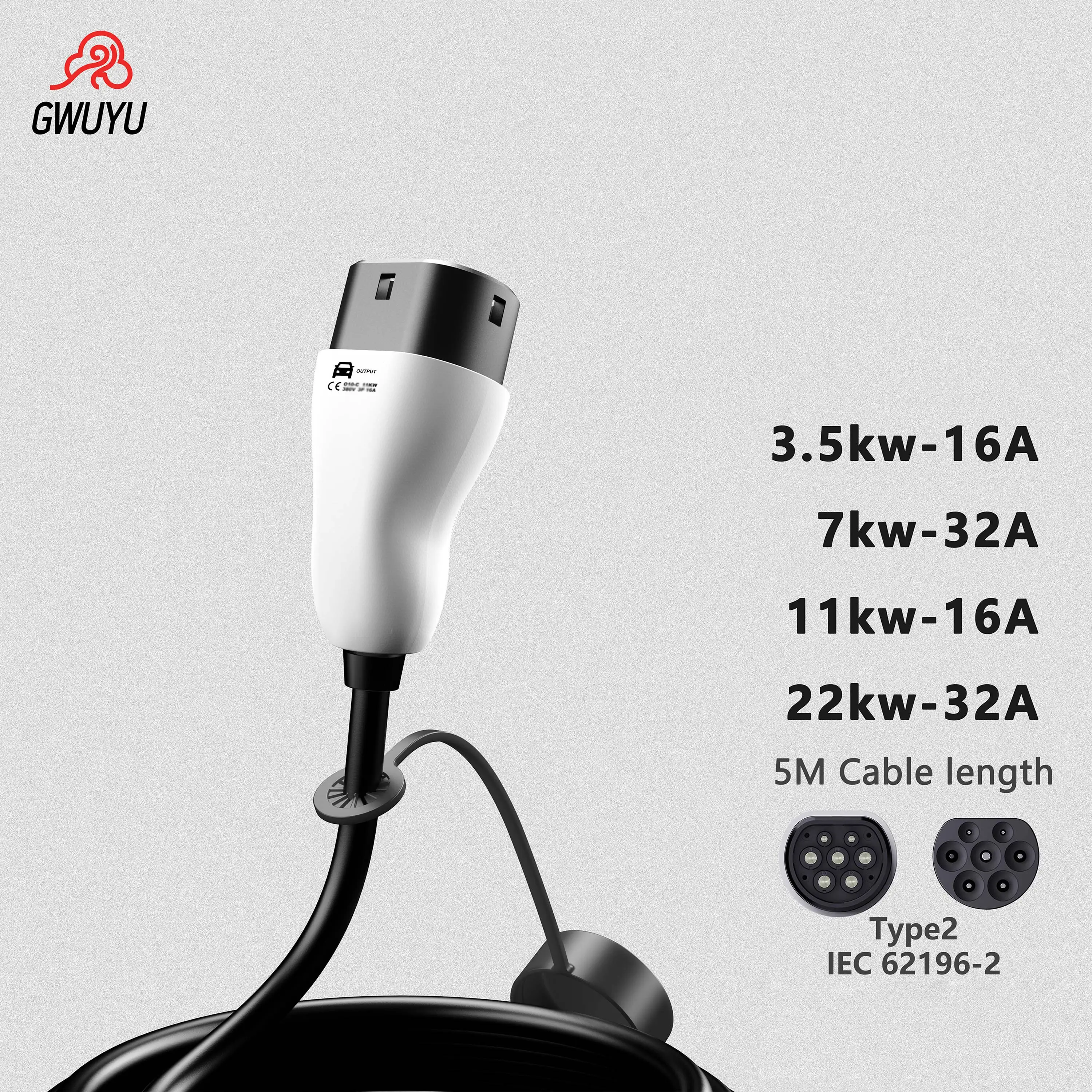 

GWUYU Type 2 EV Charging Cable 3.5KW 7KW 11KW 22KW IEC 62196 AC Charging Gun for Electric Vehicle