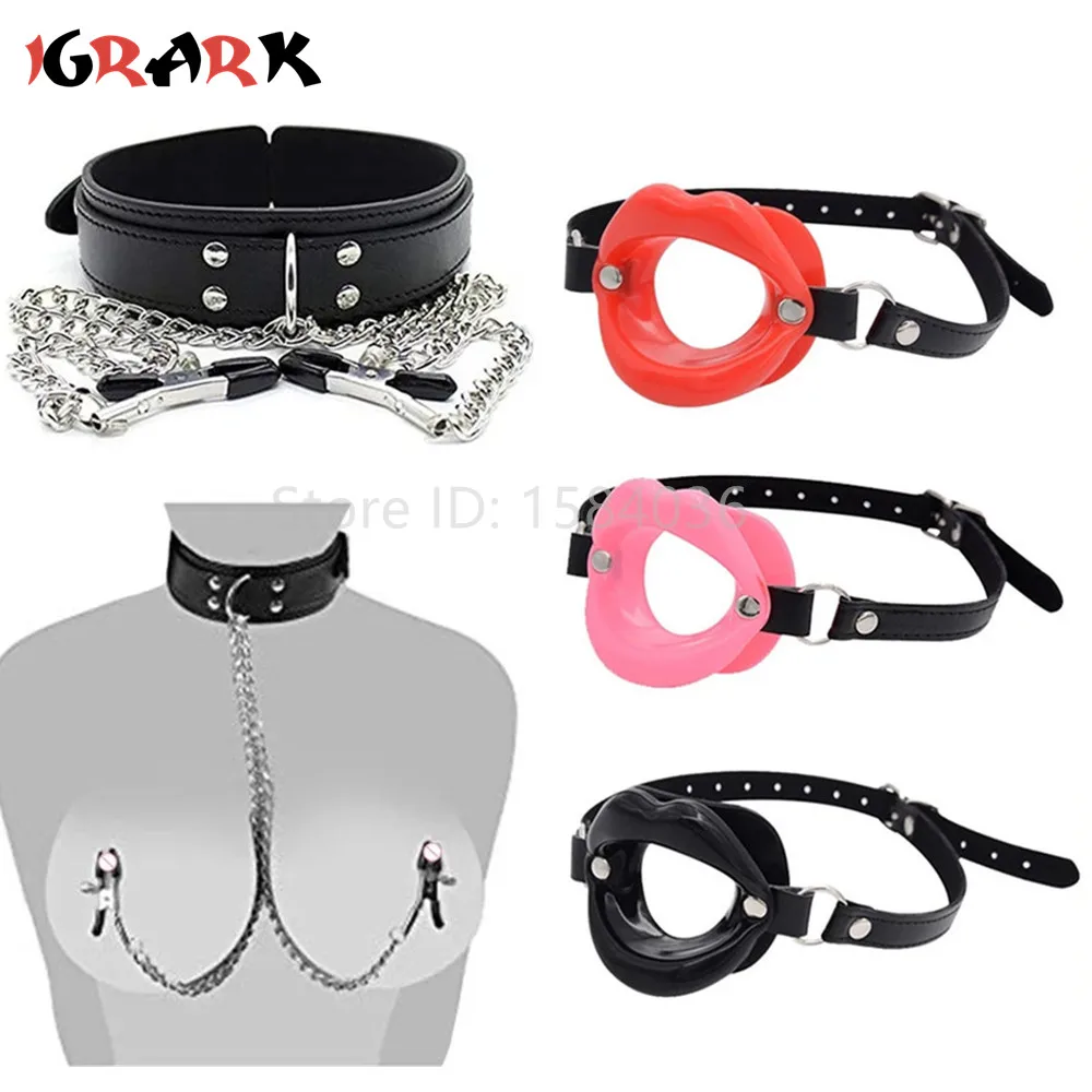 Stainless Steel Metal Chain Nipple Clamps Milk Clips Breast Clip Red Lips Open Mouth Gag Leather Handcuffs Sex Toys For Couples