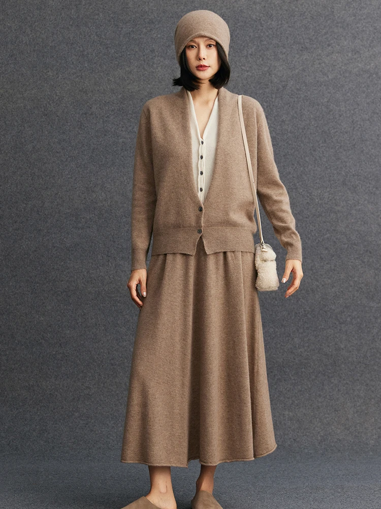 Women 100% Cashmere 2 Piece Set Autumn Winter Fake Two-Piece V Neck Long Sleeve Sweater  Midi Skirt Elegant Knit Outfit