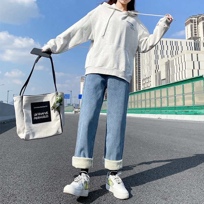 

Thickened Fleece High Waist Straight Leg Jeans Women's Autumn Winter New Style Slimming Versatile Warm Outerwear Wide Leg Pants