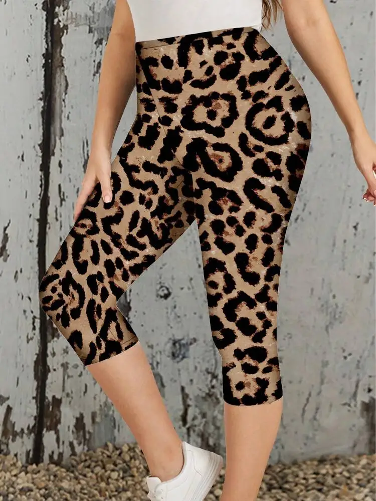 Leopard print stretch slimming elastic waist tight casual leggings capri pants for women spring/summer