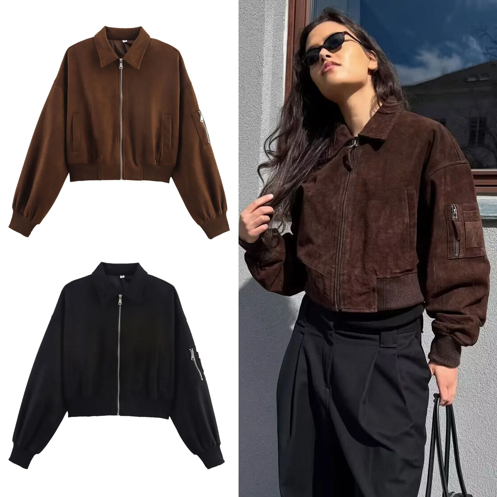 

HH Women's 2025 Autumn Trendy Suede Bomber Jacket Vintage Solid Lapel Long Sleeves Zipper With Pockets Female Vintage Short Coat
