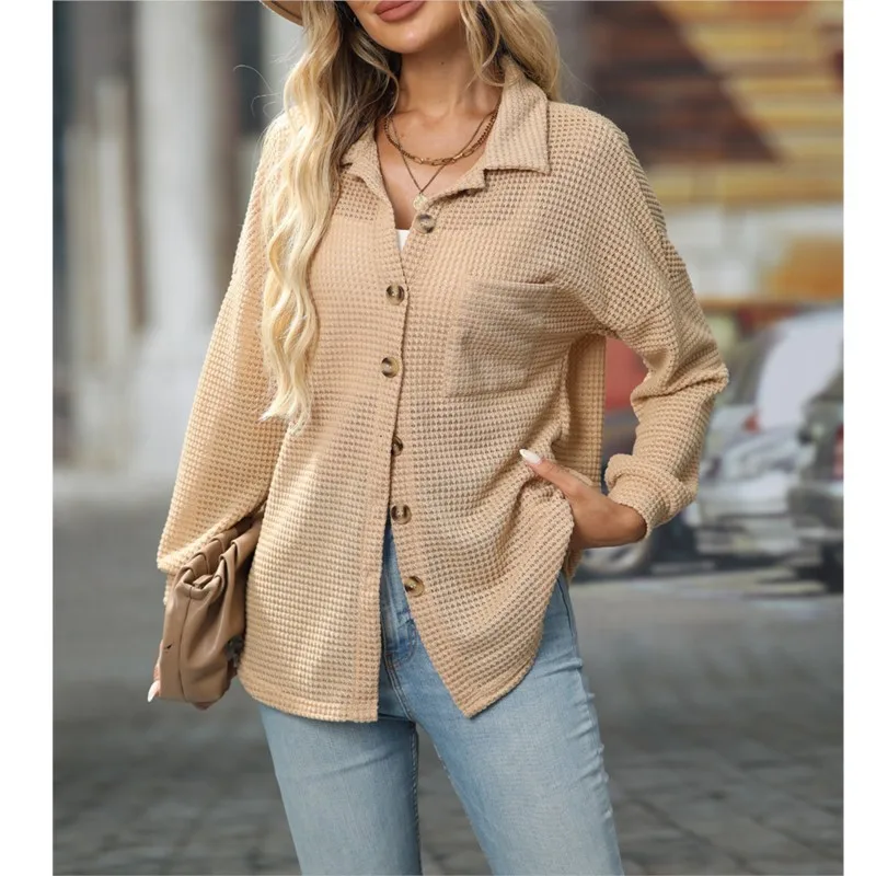 

Women's Autumn And Winter Loose Waffle Casual Commuting Versatile Shirt Long Sleeved Shirt Collar Button Up Cardigan Pocket Top