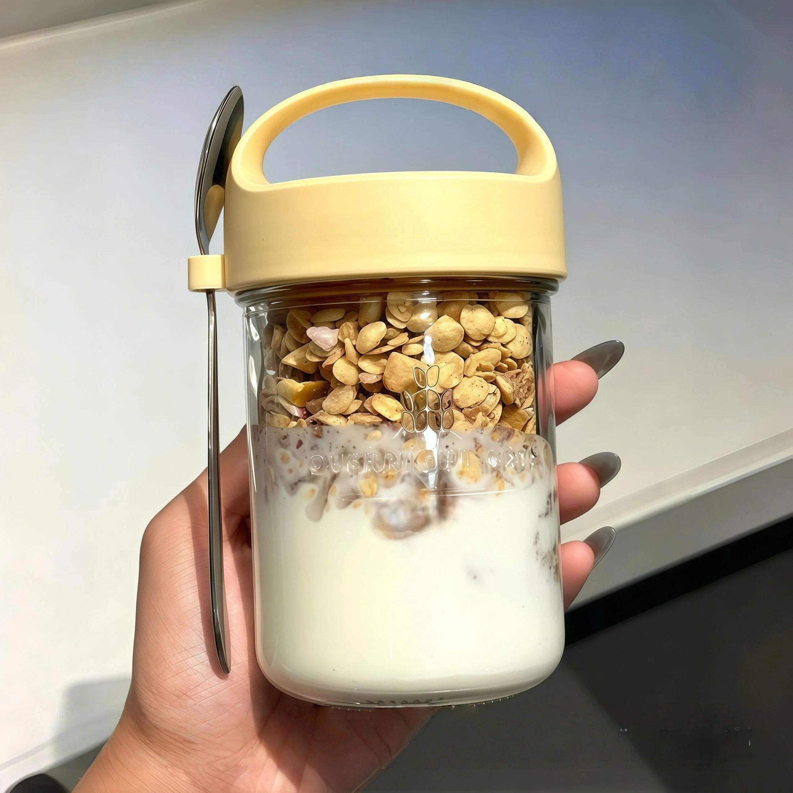 Portable Overnight Oat Cup Milkshake Glass Cup with Lid And Spoon for Takeaway Breakfast Yogurt Salad Seal Salad Milk Cup - view 2
