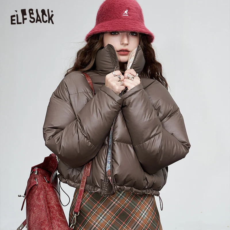 

ELFSACK Solid Pure Short Down Jacket Women 2023 Winter Double Wearing Minimalist Coats