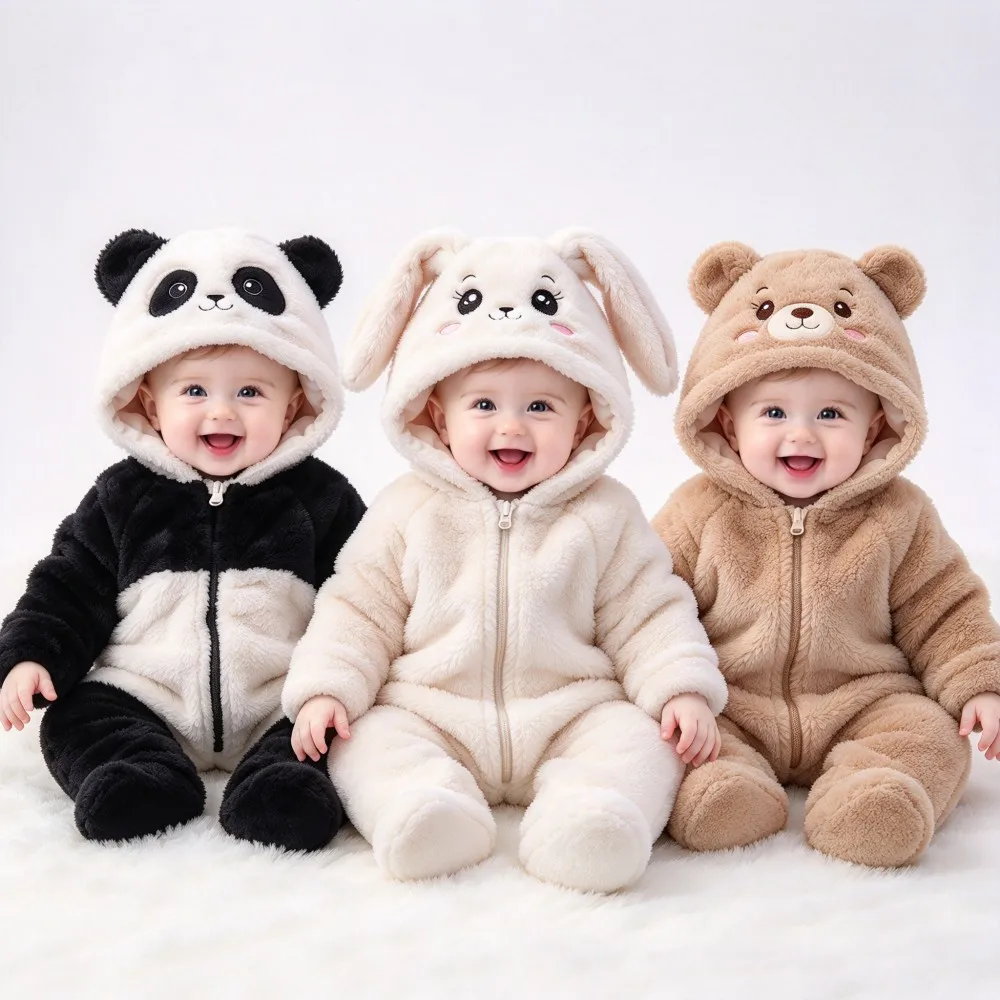 Baby Animal Fleece Romper 0-12M Panda Bear Bunny Hooded Jumpsuit Newborn Onesie Infant Bodysuit Winter Outfit For Boys Girls