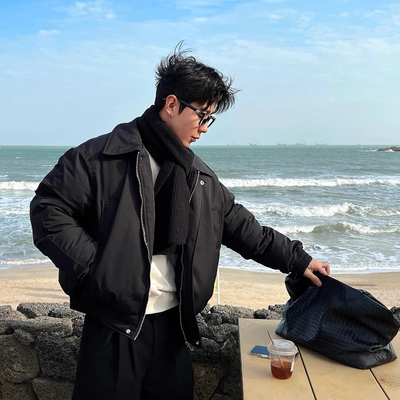 Fashion Solid Color Flight Parkas Men 2025 Winter New Stand Collar Trendy Coats Long Sleeve Simple Warm Pocket Decoration Parkas