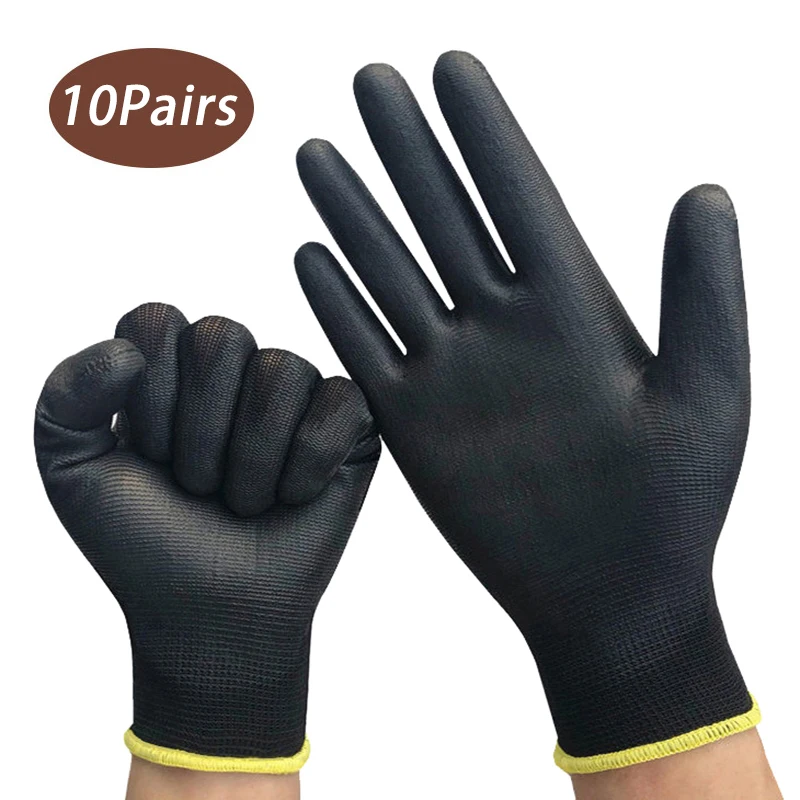 10pairs Safety Coating Work Gloves Hand Protect PU Nylon Antiskid Dust-Proof Gloves For Carpenters Garden Work Palm Coated Glove