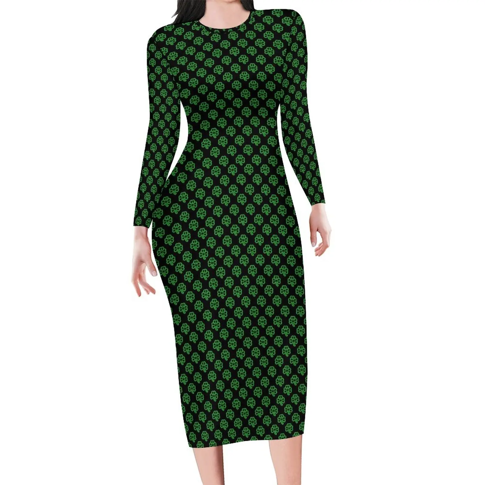 

Green Clover Shamrock Bodycon Dress Women Irish St Patricks Day Sexy Dresses Holiday Long Sleeve Aesthetic Custom Dress Big Size