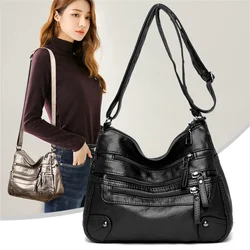 Women's Shoulder Bag PU Versatile Double Layer Large Capacity Multi-Pocket Handbag Retro 2024 New Fashion Female Crossbody Bags