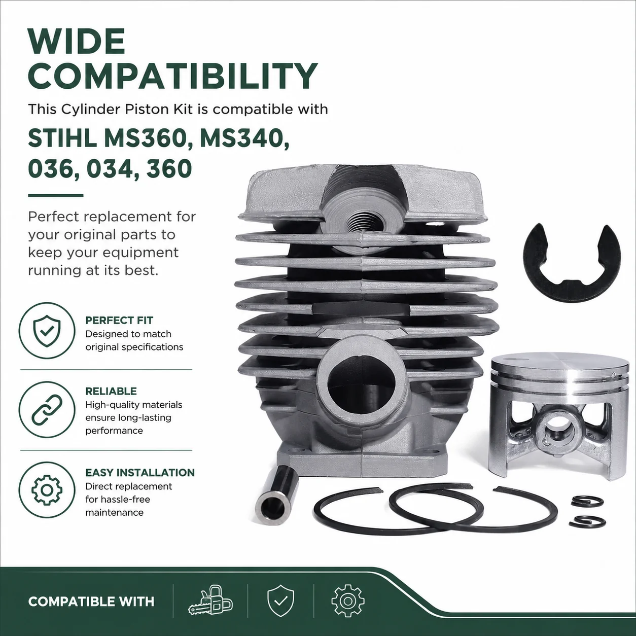 48mm Cylinder Piston Kit with E-Clip For Stihl MS360 MS340 036 034 Saw Parts Replaces 11250201206,1125 020 1215,1125 020 1213