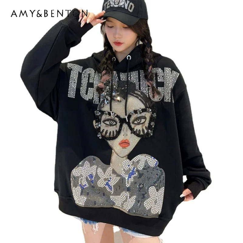 

2023 Light Luxury Fashion Design Hooed Heavy Embroidery Diamond Drills Handmade Beaded Cartoon Hoodie Loose Oversize Sweatshirts