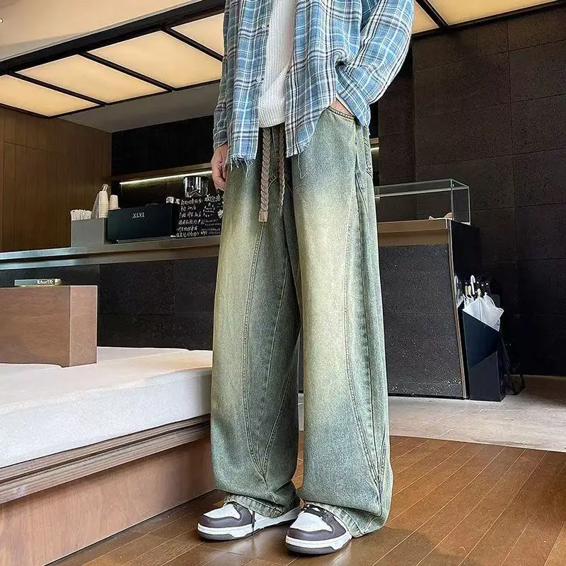 

Мужские джинсы в стиле ретро American High Street, модные свободные прямые широкие брюки, повседневные брюки в пол