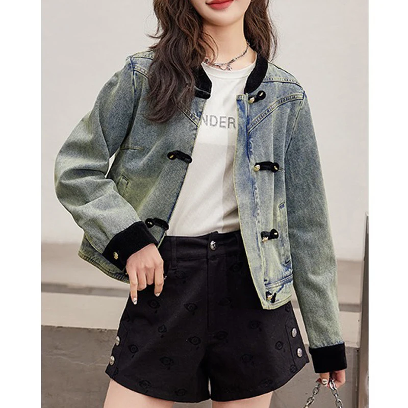 New Spring Autumn Women Trendy Vintage Harajuku Y2K Denim Jacket Korean Casual Streetwear Outewear Stand Collar Long Sleeve Coat