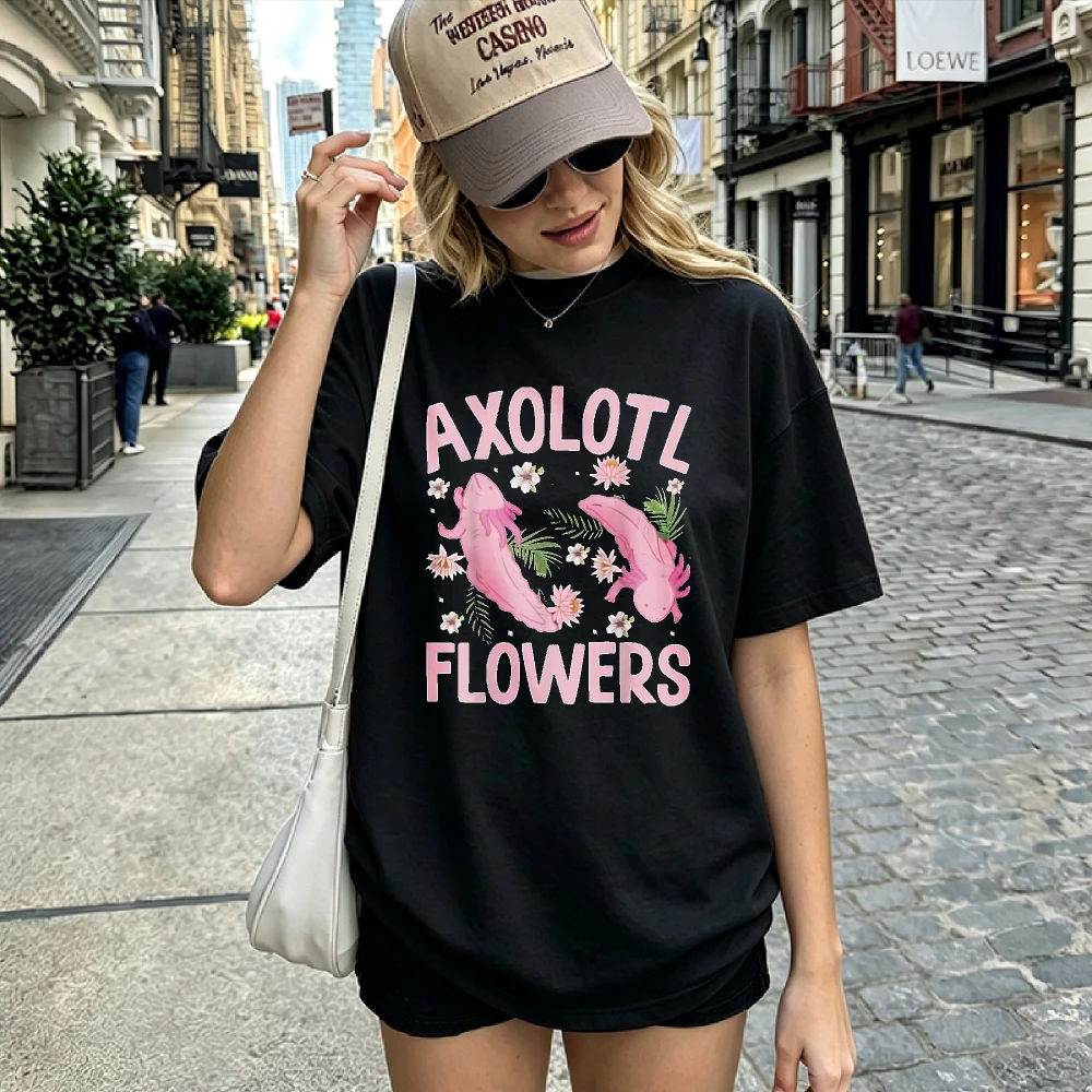 Axolotl Flowers Two Pink Axolotls with Daisy Floral Graphic T Shirt Cute Amphibian Cotton Tee Nature Animal Casual Aesthetic Tee