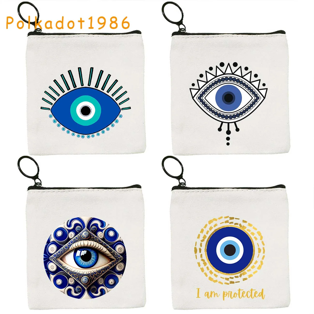 Greek Evil Eye Mati Blue Lucky Charm Flower Nazar Amulet Heart GREECE Mandala Key Coin Purse Canvas Bag Cotton Pouch Cute Wallet