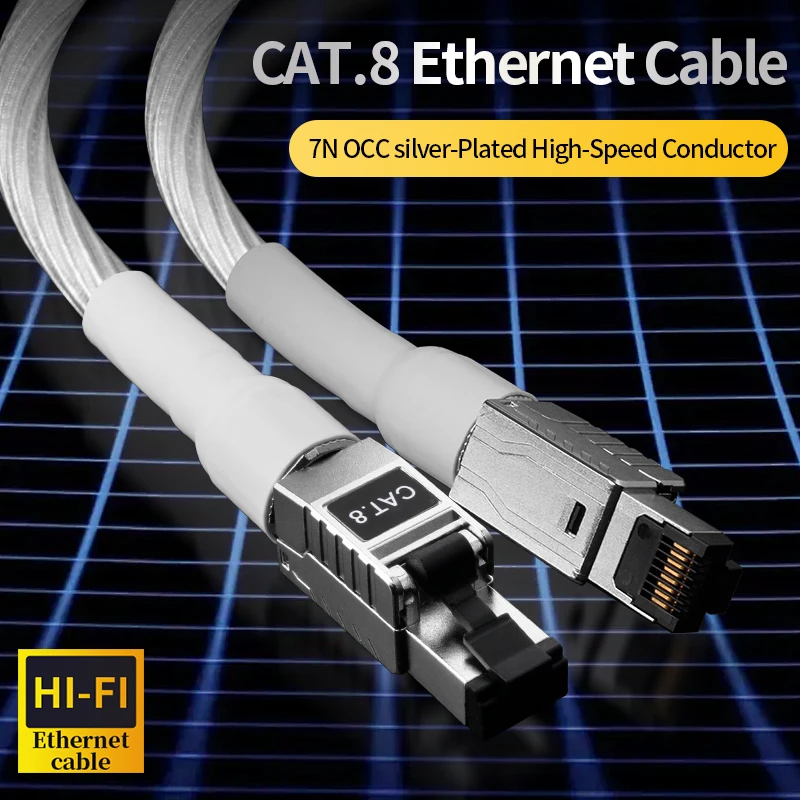 YYAUDIO HiFi 7N OCC Silver-Plated CAT8 Ethernet Cable 40Gbps 2000MHz Shielded RJ45 LAN Network Audio Patch Cable For Router TV