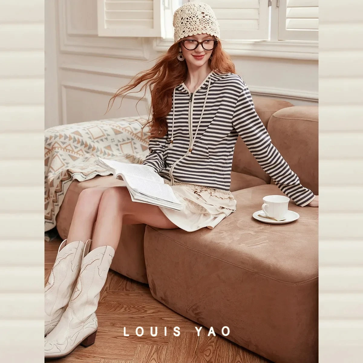 

LOUIS YAO Striped Women's Coat 2025 Autumn Casual Knitted Cardigan Sweet Ruffle Splicing Shoulder Down Hooded Tops