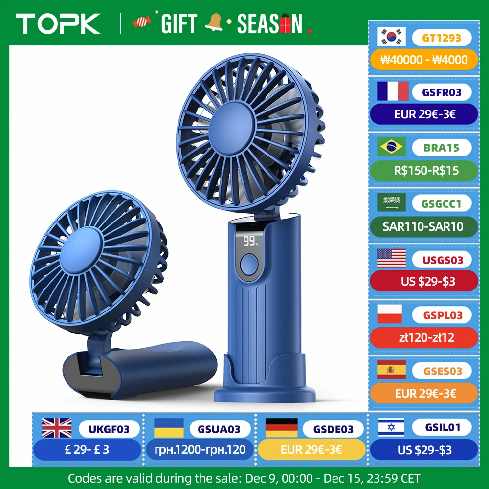 TOPK K38 Portable Handheld Fan,5000mAh 3 in 1 Multifunction Personal Travel Neck Fan with Digital Display,90° Foldable Desk Fan