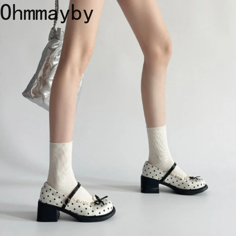 Cute Polka Dot Thick Heel Women Mary Jane Shoes Comfort Shallow Strap Pumps Ladies Eelgant Butterfly-knot Dress Single Shoes view 3