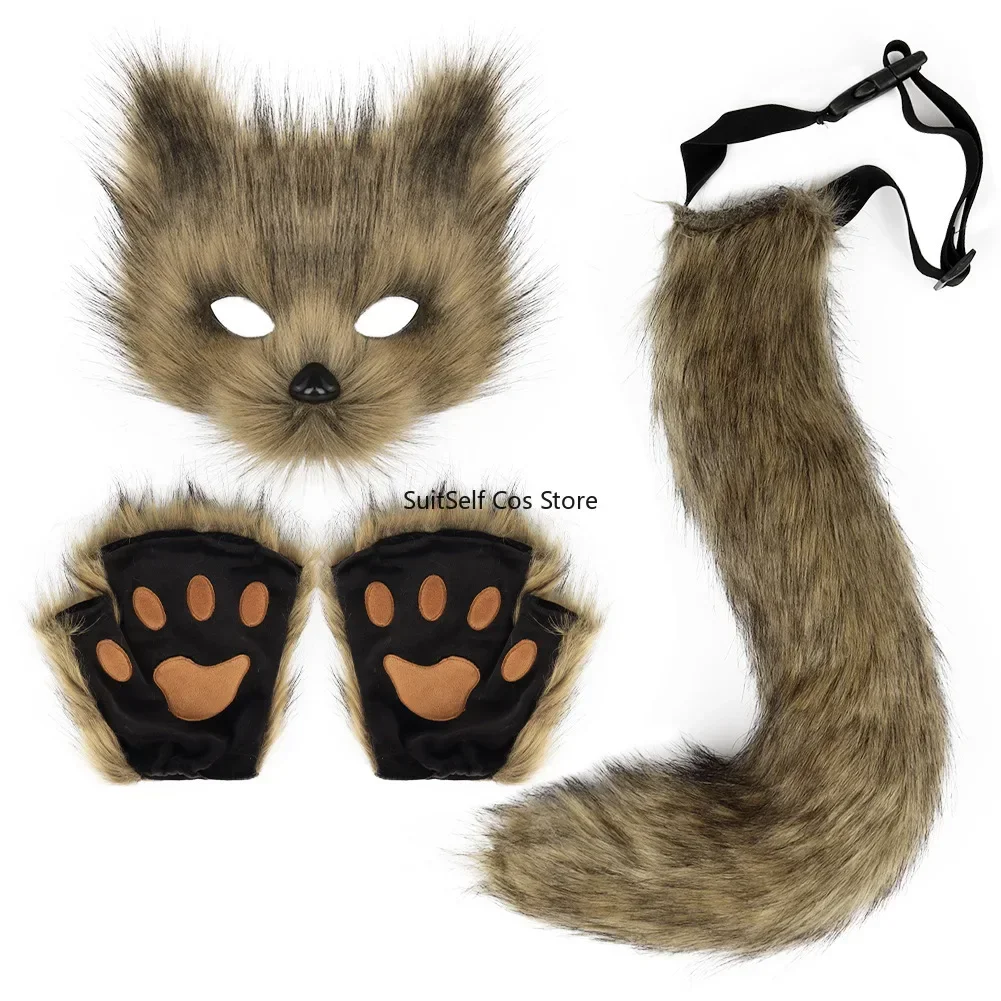 Halloween Fluffy Fur Fox Tail Keychain Cat Paws Gloves and Wolf Therian Mask Set for Halloween Sexy Cosplay Costume Accessories