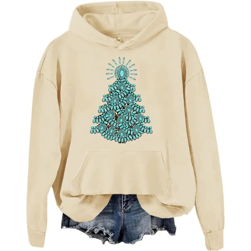 

Christmas Turquoise Holy Pattern Christmas Tree Pattern Black Minimalist Women's Beige Loose Hoodie