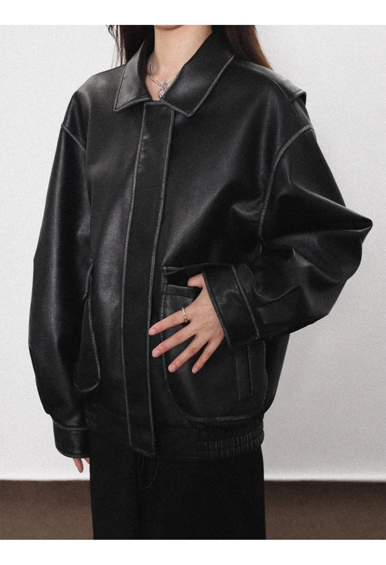Lautaro Spring Autumn Cool Handsome Soft Vintage Distressed Brown Pu Leather Jacket Women Long Sleeve Luxury Designer Clothing