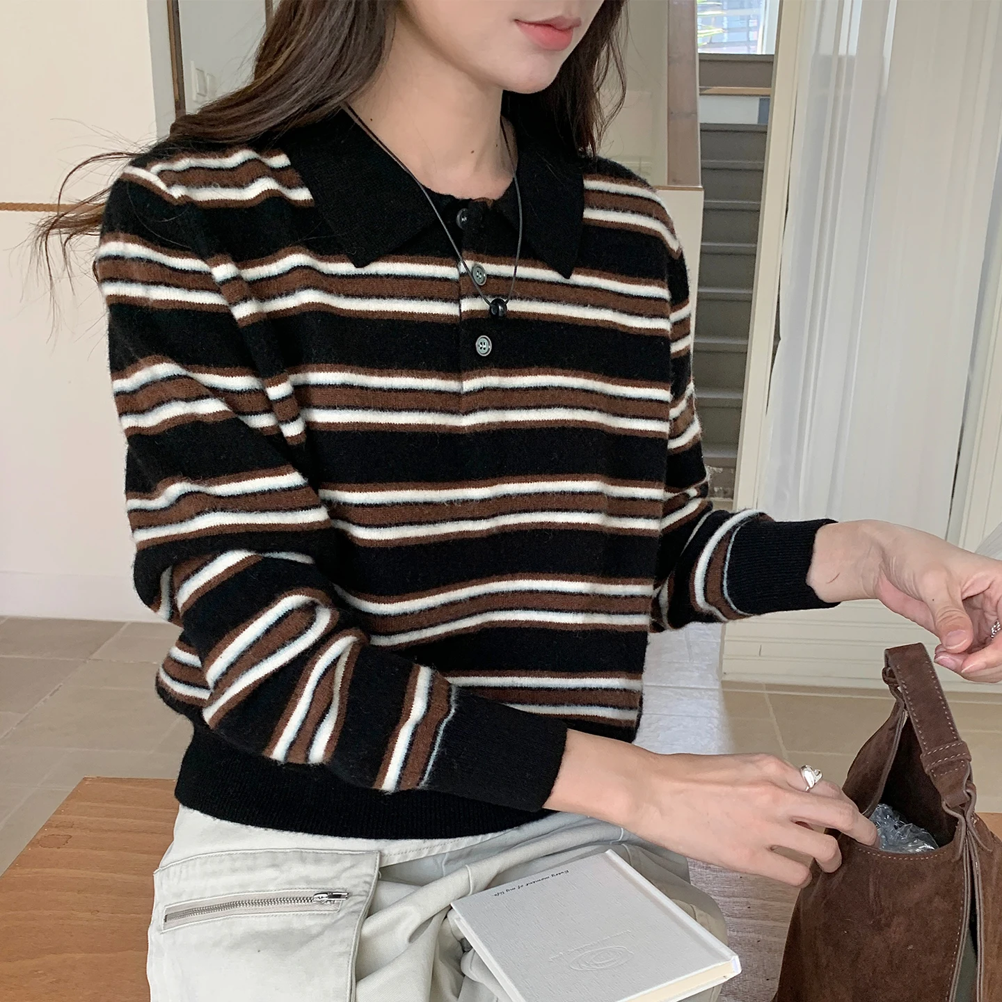 Simple Autumn Winter Women Merino Wool Striped Polo Pullover 100% Merino Wool Knitwear Long Sleeve Elegant Casual Clothes