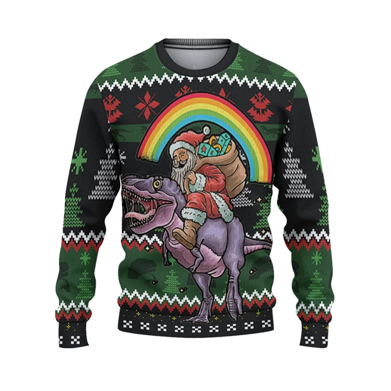 Cute Dinosaur Christmas Ugly Sweater Men's Clothing  Funny Festival Crewneck Pullover Top 3D Print Santa Jesus Graphic Sweaters