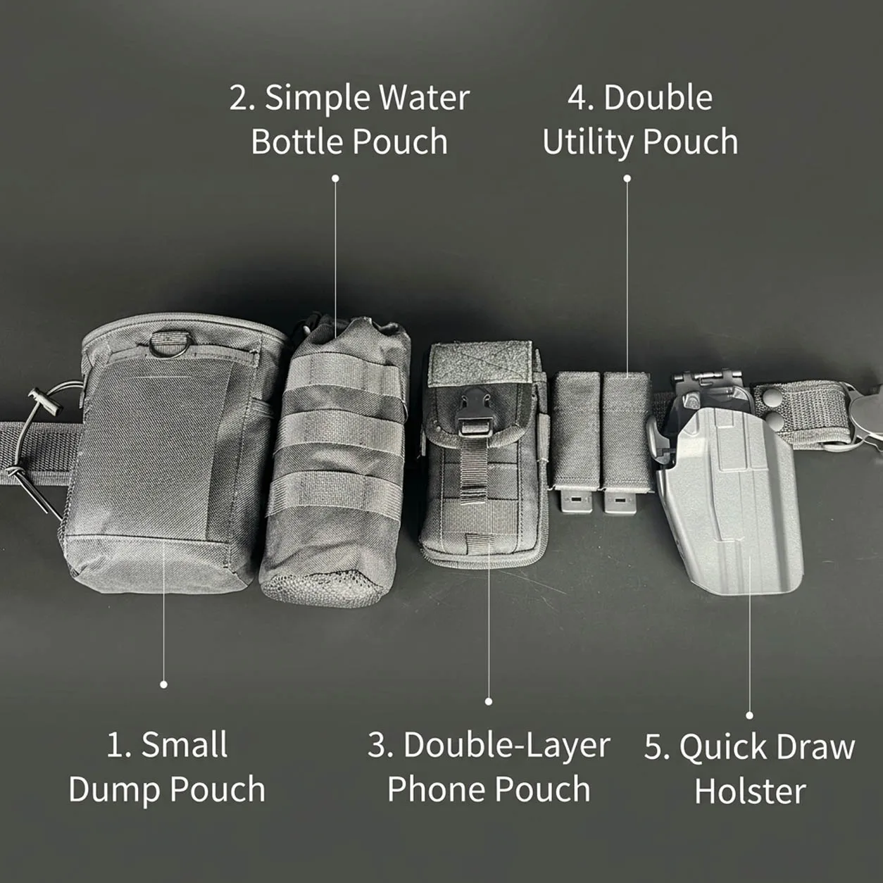 Full Set Of MOLLE Belt Set with G17 Quick Draw Holster 9mm Double Mag Pouch Dual Layer Phone Bag Tactical Bottle Pouch Dump Bag