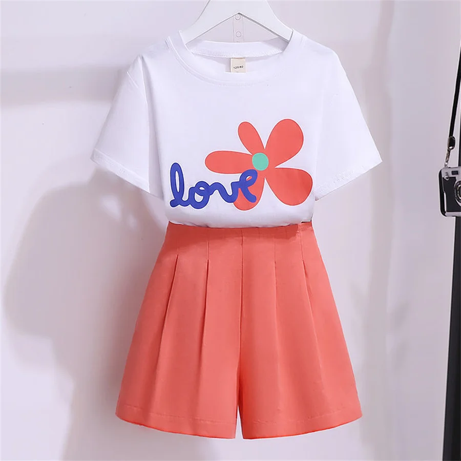 7 8 9 10 11 12 13 14 Years Old Big Girl Baby Clothes Sets Summer Short Sleeve Tee Tops+Skirt 2pcs Outfits Clothing Suits