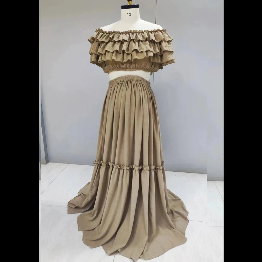 

Bohemian Maternity Photography Props Outfit Set- Comfortable Linen Cotton Ruffle Lace Crop Top Skirt for Pregnant Women Shooting