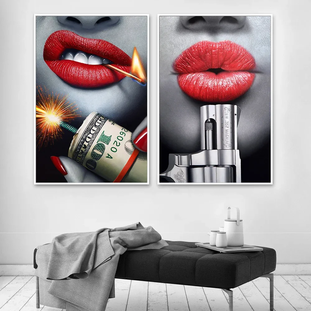 Hot Sexy Girl's Poster Red Lips Dollar Fireworks Dangerous Money Art Painting Poster Prints Decorative Painting Wall Art Canvas