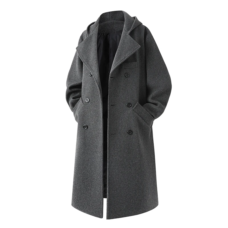 2025 Hooded Trench Men Long Woolen Coats Chic Loose Casual Trench Outwear Male Solid Fashion Business Button Hooded Woolen Coat