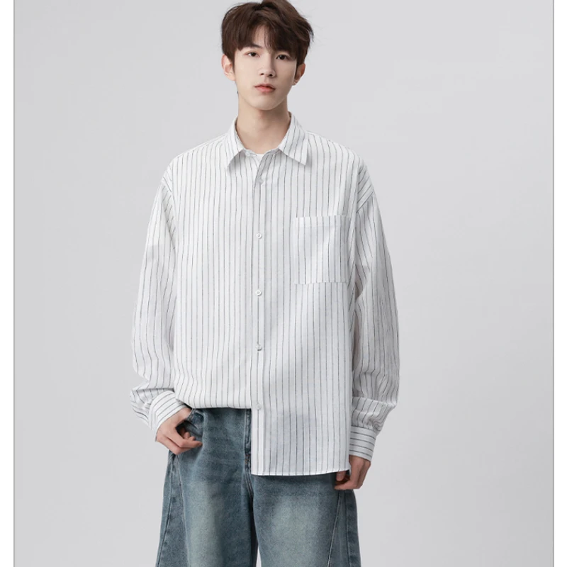 

Sle Striped Men's Long Sleeve Shirt Spring Autumn New Korean Version Casual Outerwear Drapey Shirt Jacket Loose Fit Youth Trend