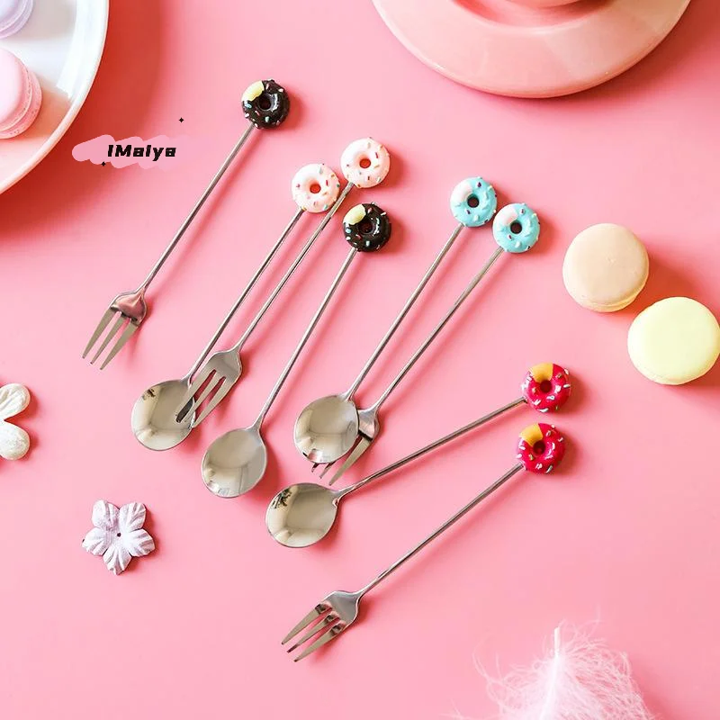 Cute Stainless Steel Donut Shaped Spoon Fork Ice Cream Cake Dessert Spoons Coffee Stirring Spoon Candy Cartoon Teaspoon