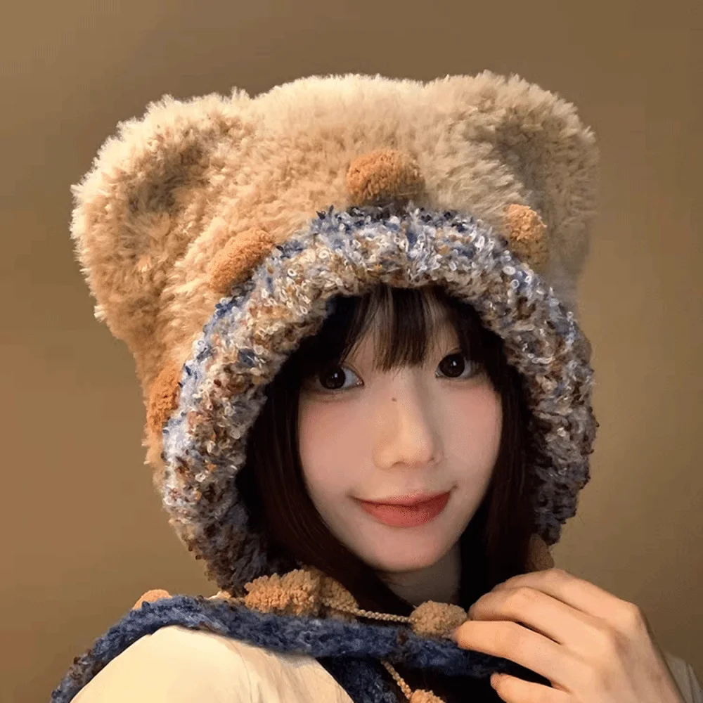

Leisure Cartoon Bear Ear Plush Hat Ear Protection Thickened Winter Warm Hat Cold Proof Fluffy Lei Feng Hat Girls