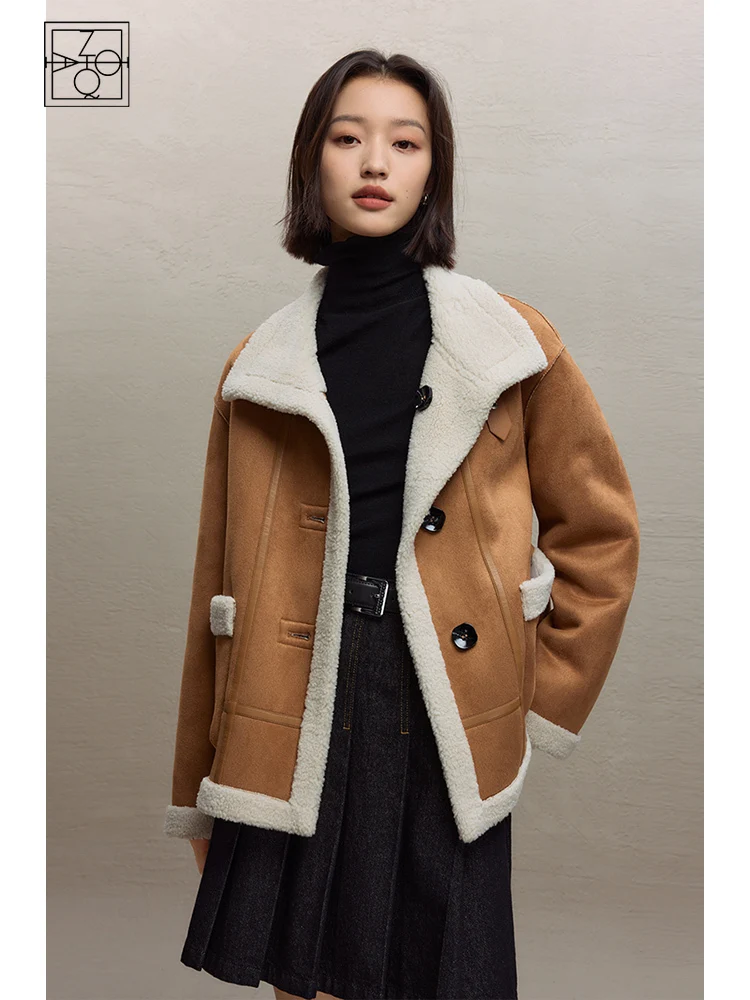 

ZIQIAO [Reversible] Warm Faux Lamb Wool Jacket for Women 2023 Winter Niche Style Stand Collar Loose High-end Jacket Coats Female