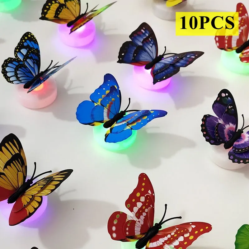 10PCS LED 3D Butterfly Night Lights Colorful Luminous Lights Electron Powered for Home Festival Wedding Decoration