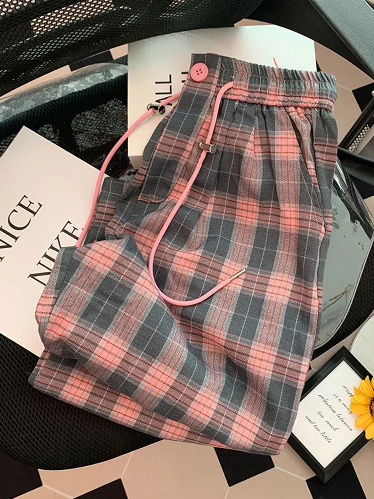 Retro roze geruite broek dames hoge taille casual Koreaanse zoete wijde pijpen broek herfst winter losse vrouwelijke hoge kwaliteit elegante broek