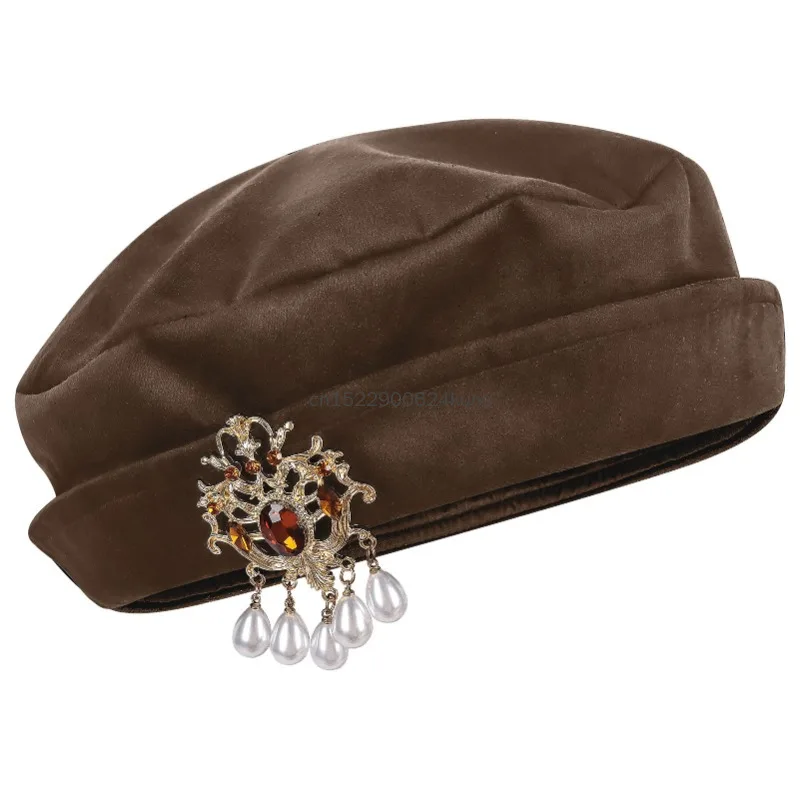 Medieval Tudor Hat Renaissance Vintage Elizabethan Royal Beret Hat with Rhinestone Accessories Halloween Party Costume Props