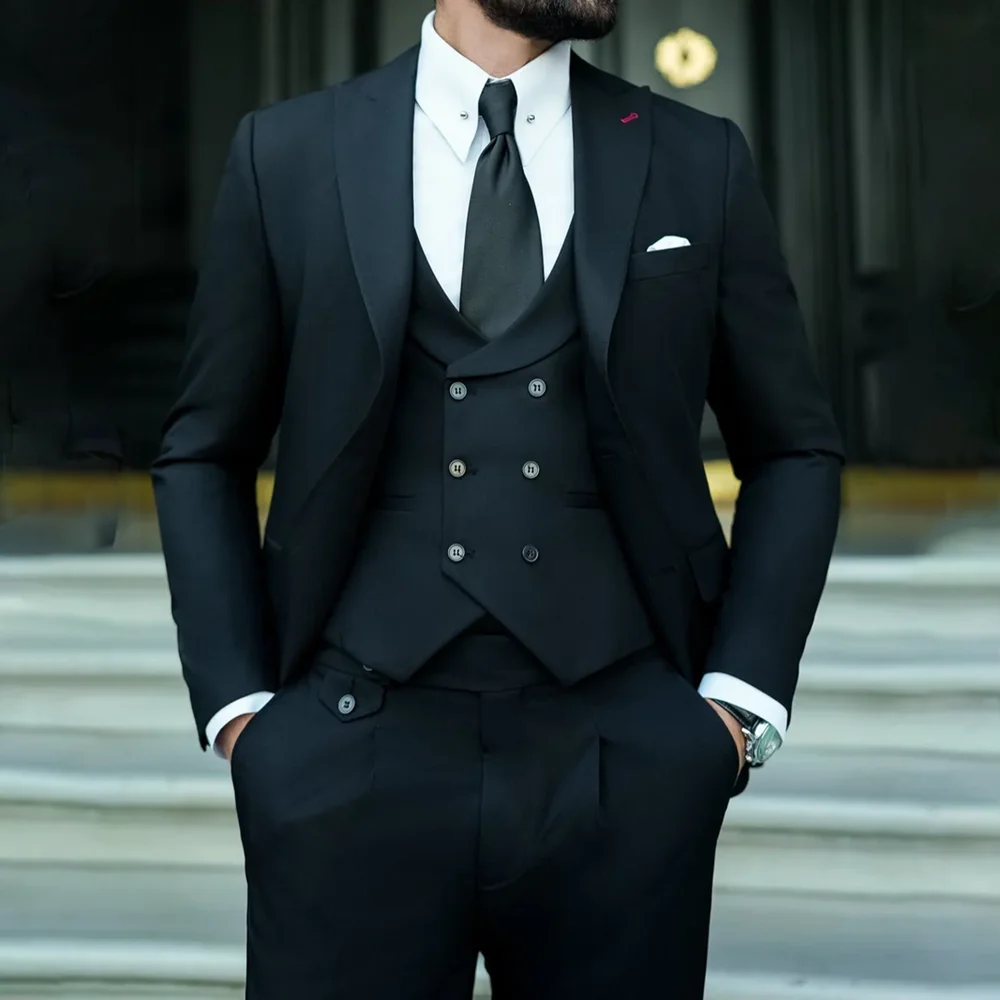 

Black Wedding Men Suits Smart Casual Single Breasted Slim Fit Tuxedo High Quality Fashion Slim Peak Lapel 3 Piece Costume Homme