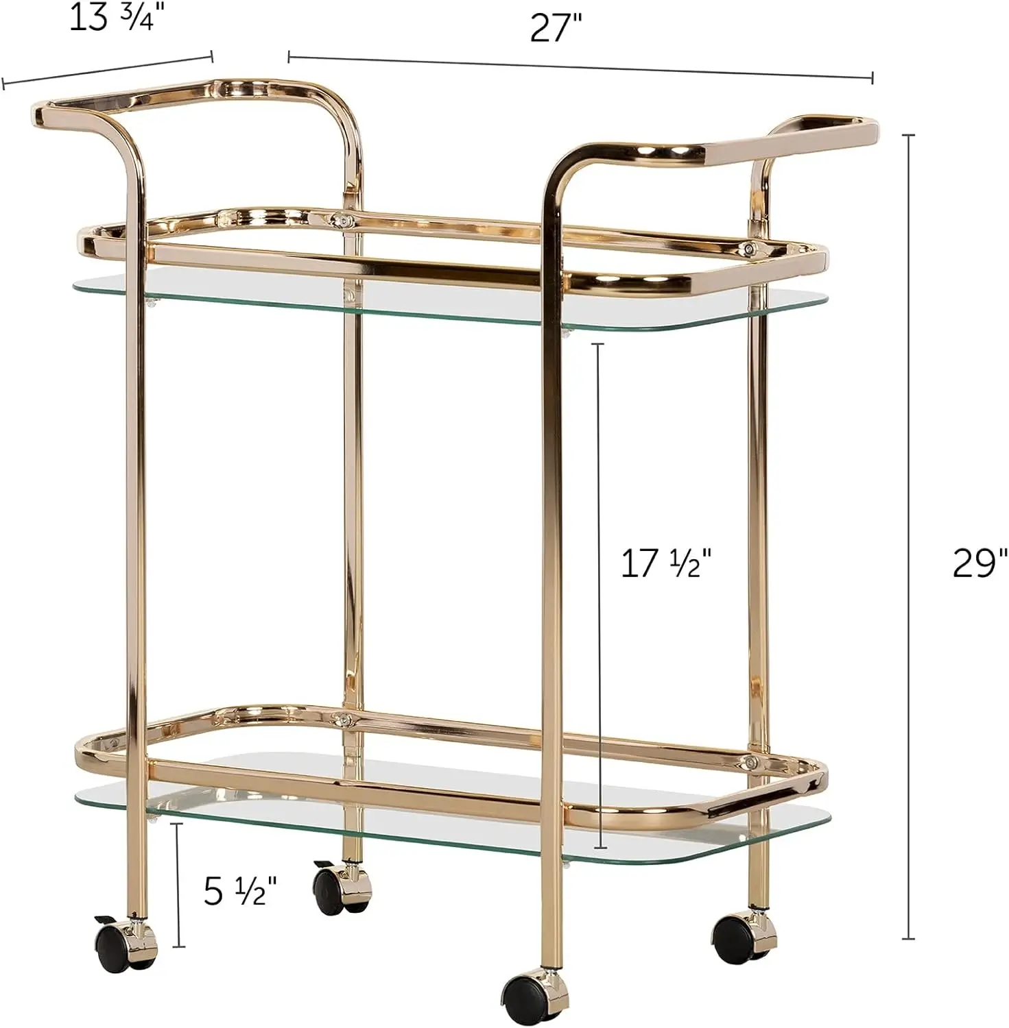 عربة بار ماليزا - ذهبي وزجاج، 13.75 بوصة عمق × 27 بوصة عرض × 29 بوصة ارتفاع
