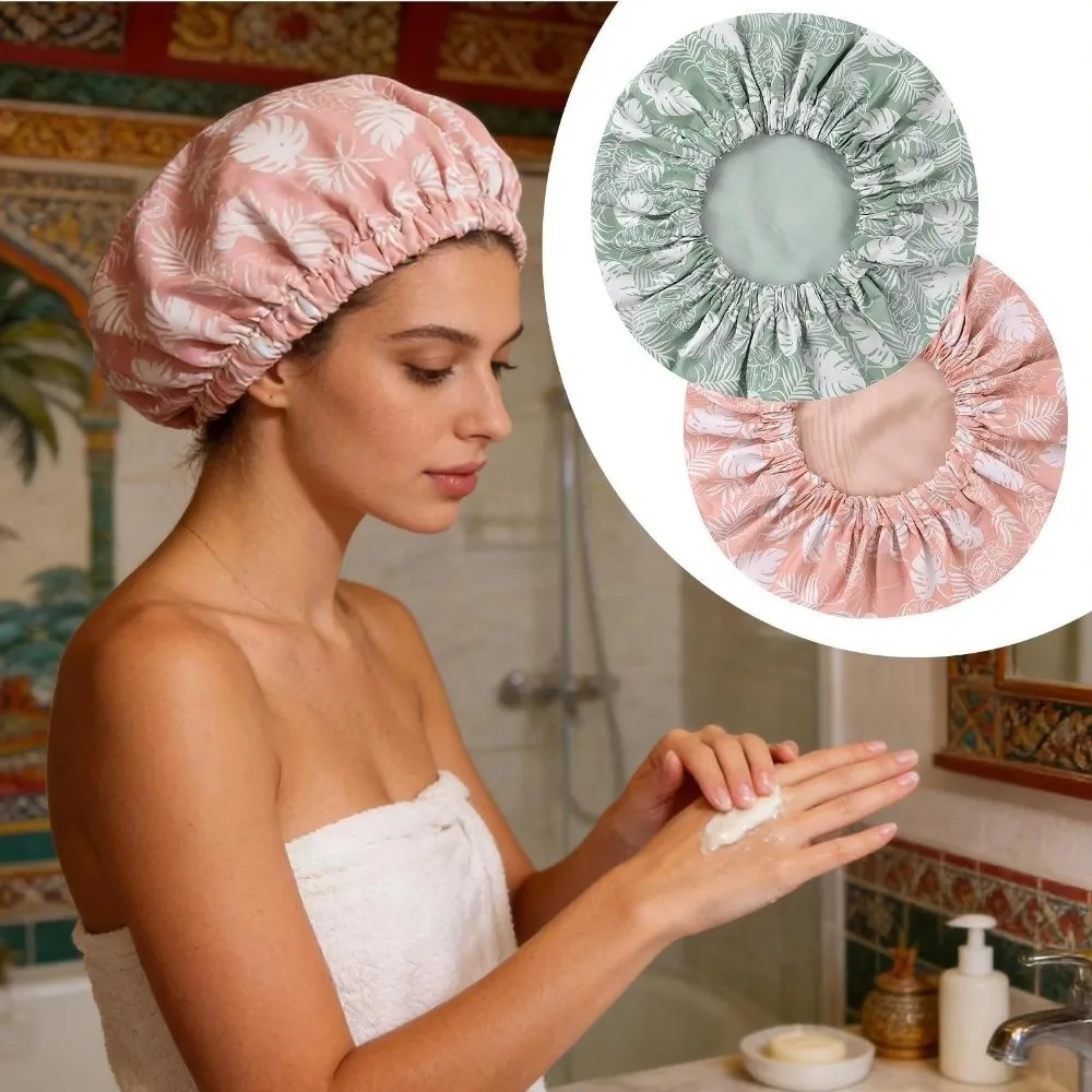 New Waterproof Shower Cap Satin Lined Double Layer Bath Cap Flower Printed Reusable Shower Bonnet Salon Use