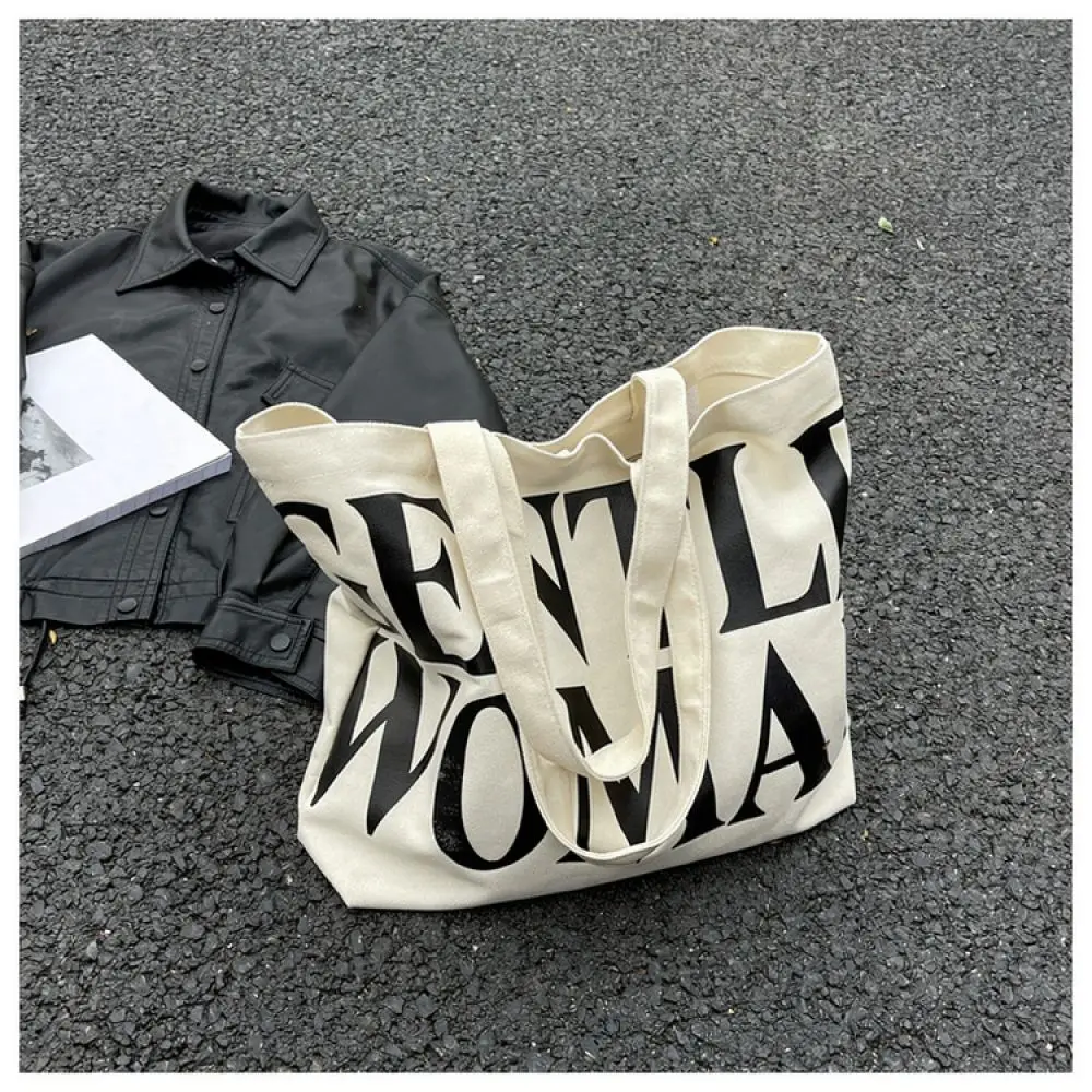 Casual Canvas Shoulder Tote Bag Women Large Minimalist Handbag Letter Print Spring Commuter Fashion Shopper Daily Purse